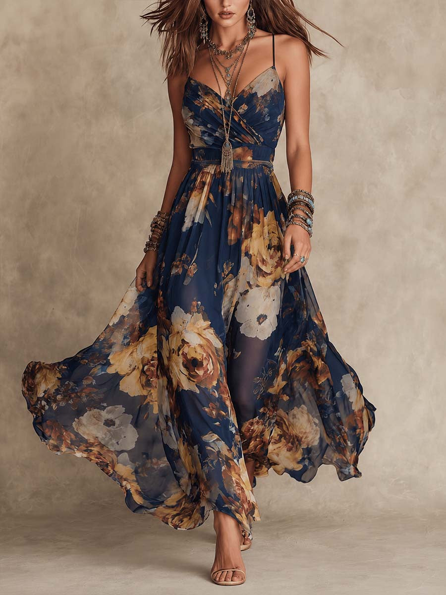 Look completo de invitada con vestido largo de gasa Coral