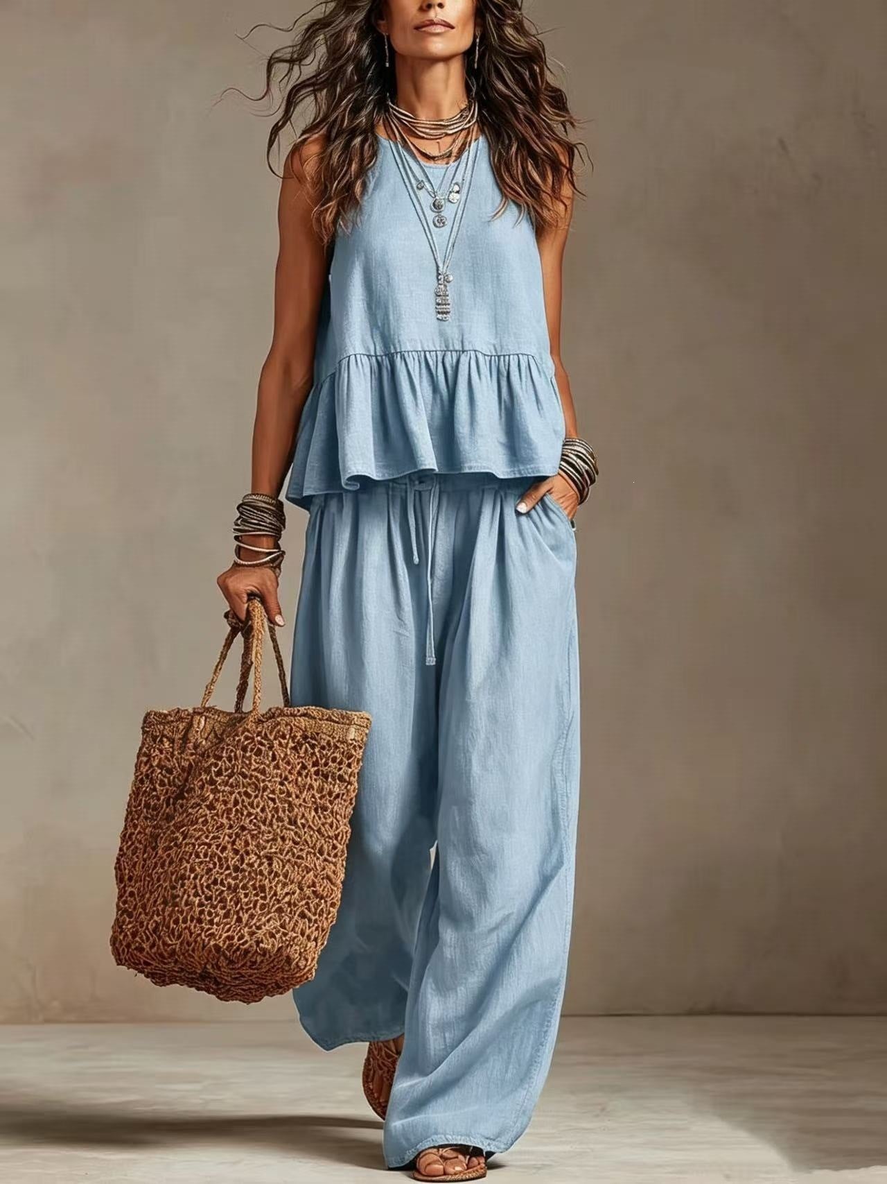 Conjunto top con volante y palazzo Nuvara en azul