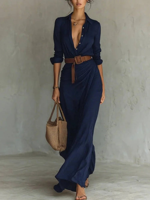 Vestido Camisero Largo Nuvara en azul marino