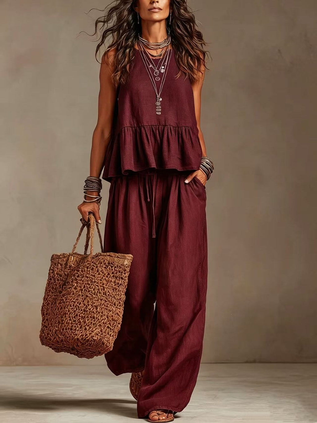 Conjunto top con volante y palazzo Nuvara en rojo