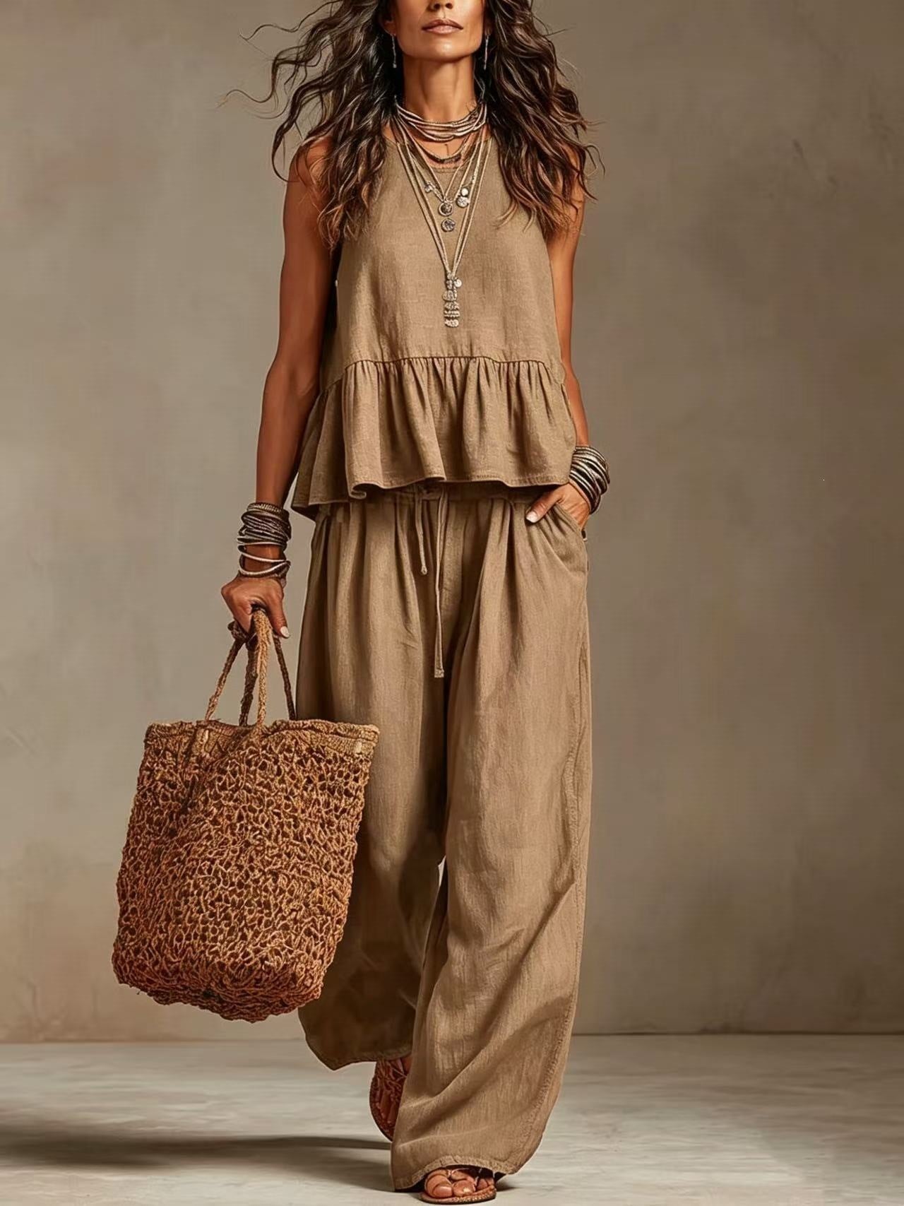 Conjunto top con volante y palazzo Nuvara en kaki