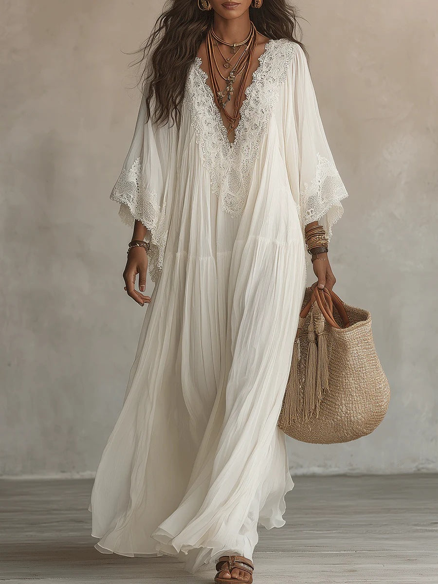 Vestido largo de encaje Nuvara en blanco