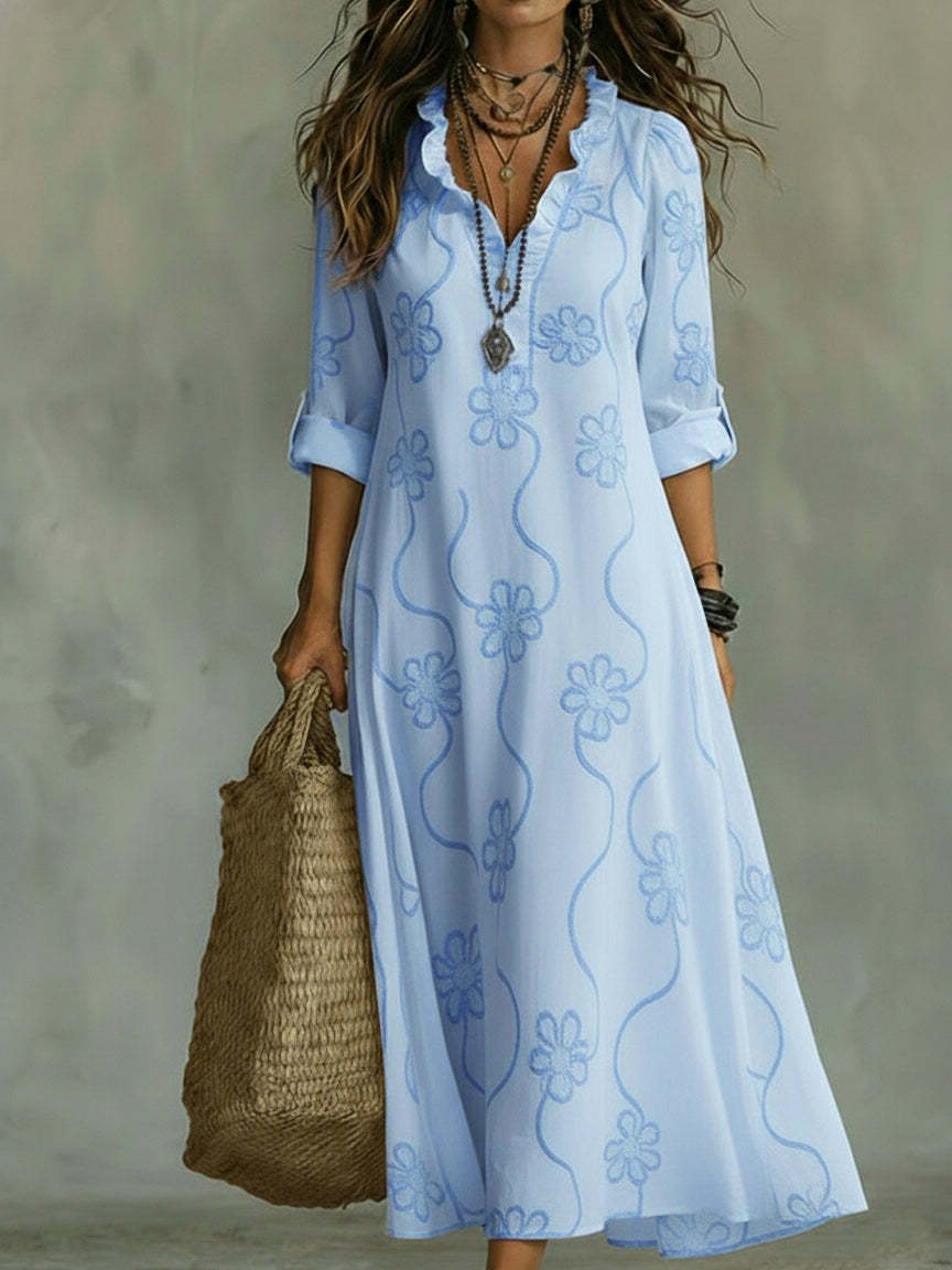 Vestido largo bohemio con bordado floral Nuvara en azul