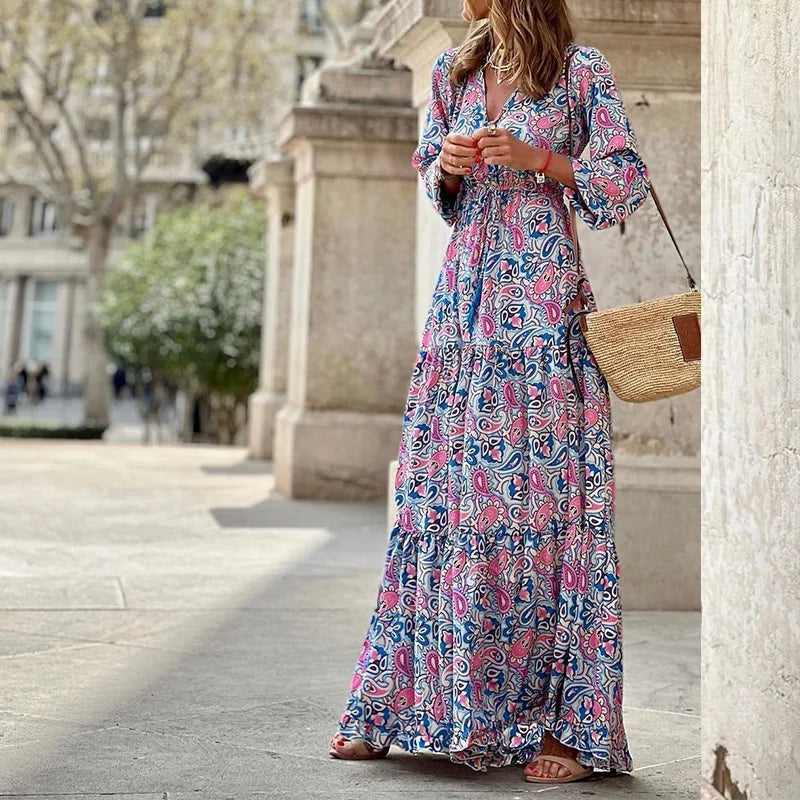Vestido largo bohemio estampado azul Nuvara, detalle de tejido