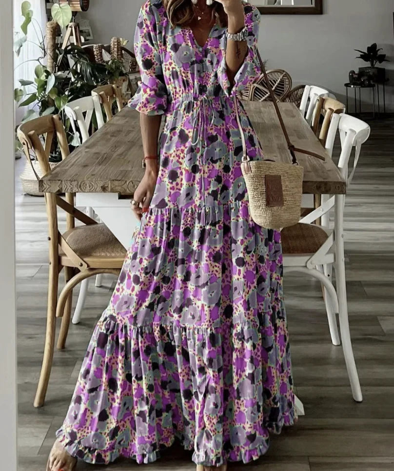 Vestido largo bohemio estampado azul Nuvara, caída del tejido