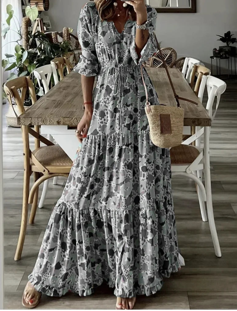 Vestido largo bohemio estampado azul Nuvara, vista trasera