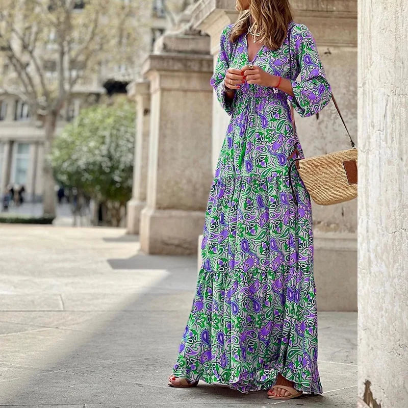 Vestido largo bohemio estampado azul Nuvara, detalle