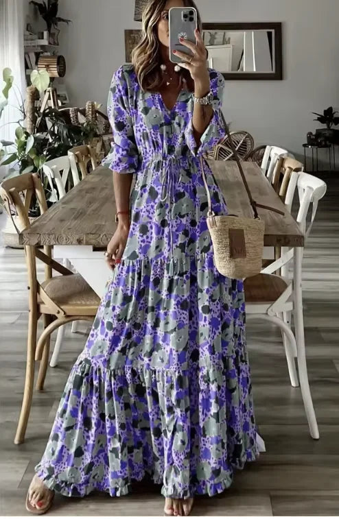 Vestido largo bohemio estampado azul Nuvara, escote en V