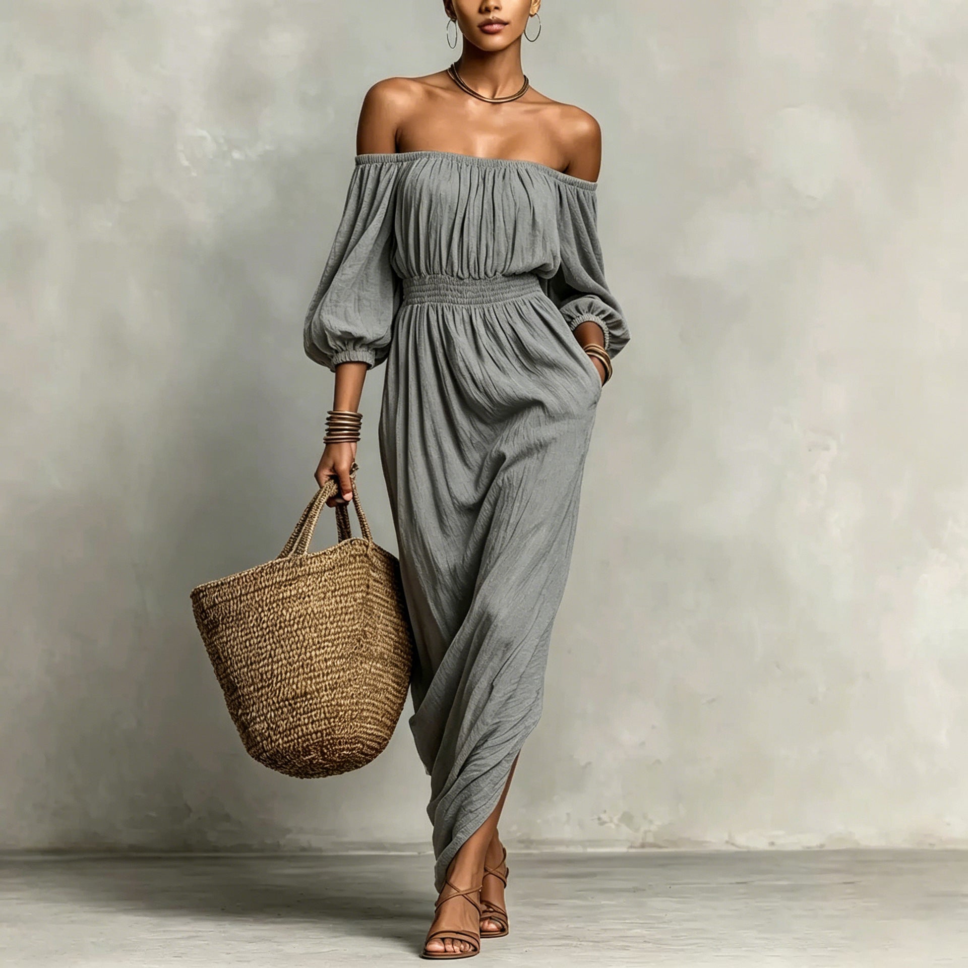 Vestido escote bardot Nuvara en gris