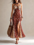 Look de fiesta con vestido largo rojo cola de sirena y clutch