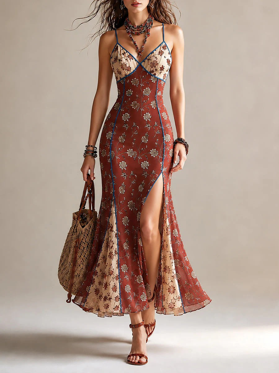 Look de fiesta con vestido largo rojo cola de sirena y clutch
