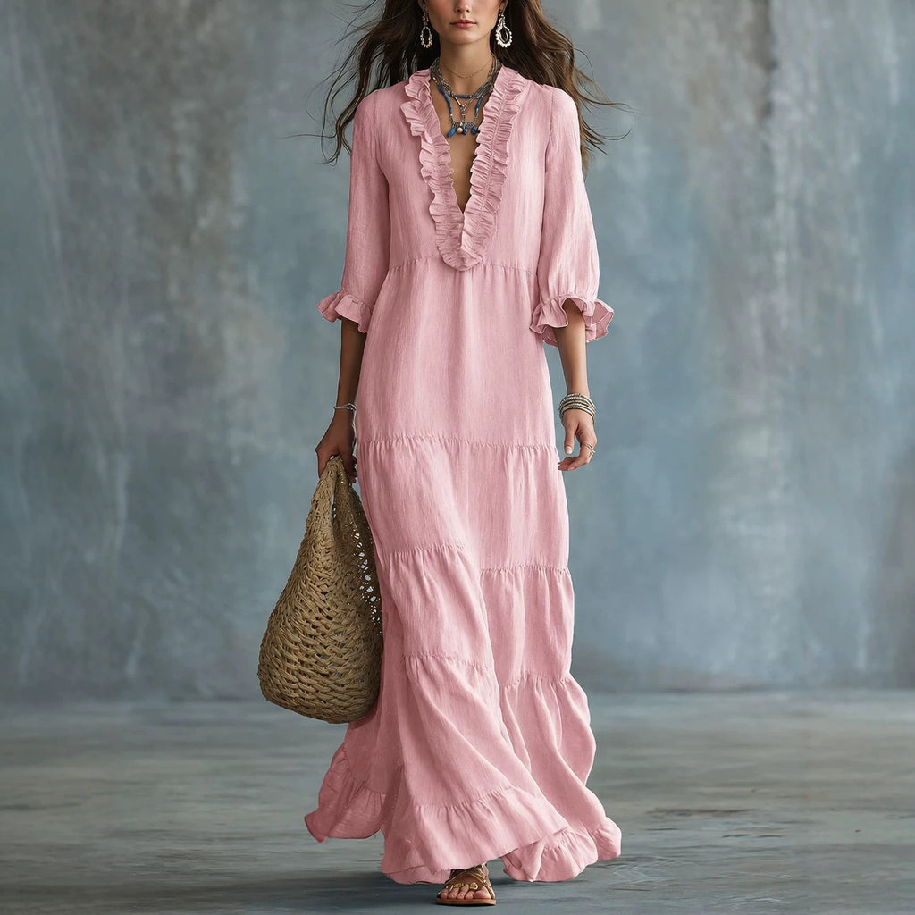 Vestido largo escote en V con bajo de volantes Nuvara en rosa