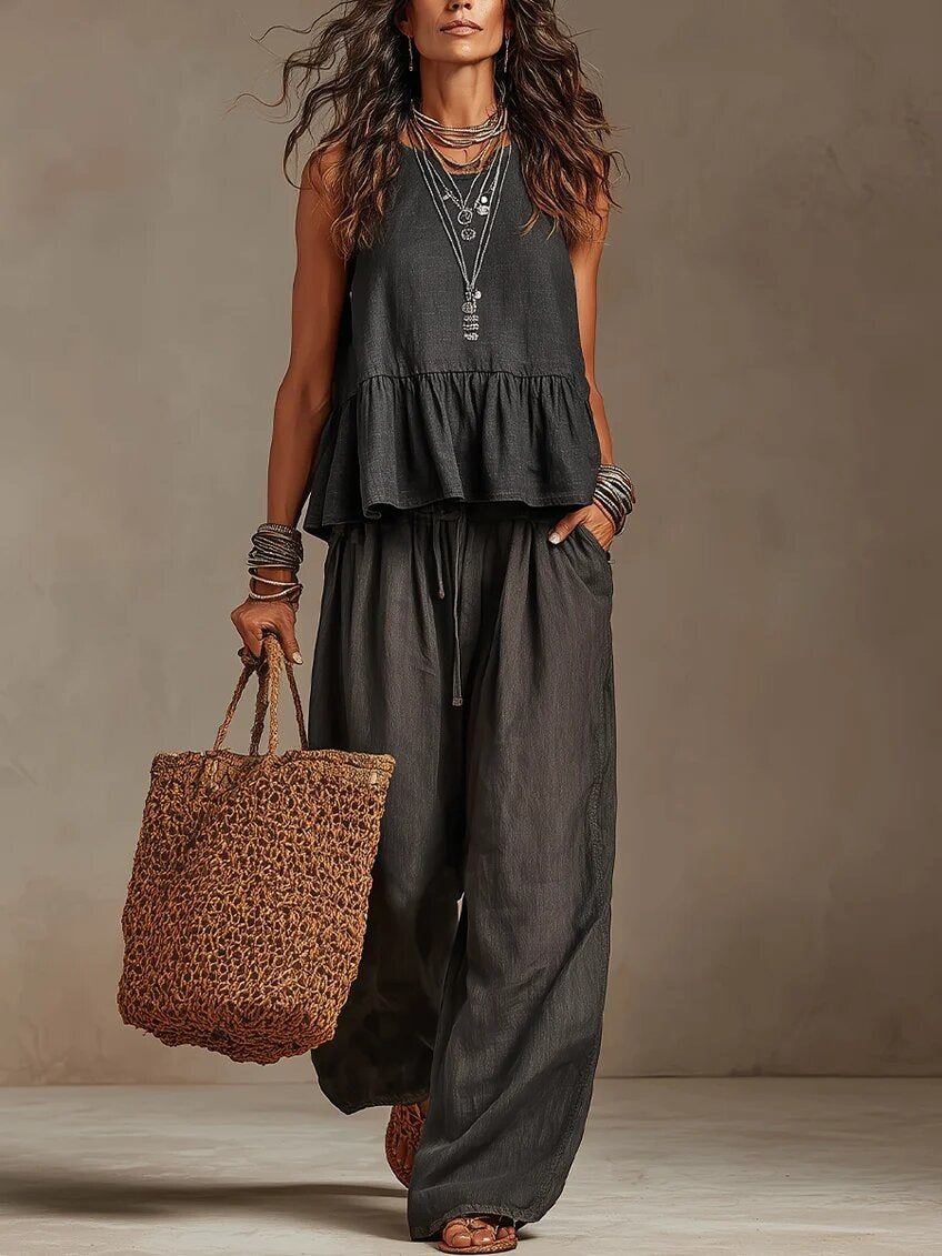 Conjunto top con volante y palazzo Nuvara en negro