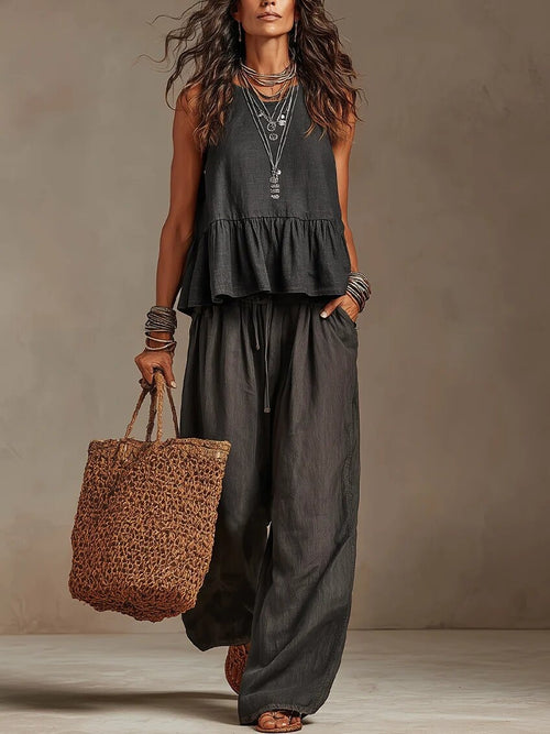 Conjunto top con volante y palazzo Nuvara en negro