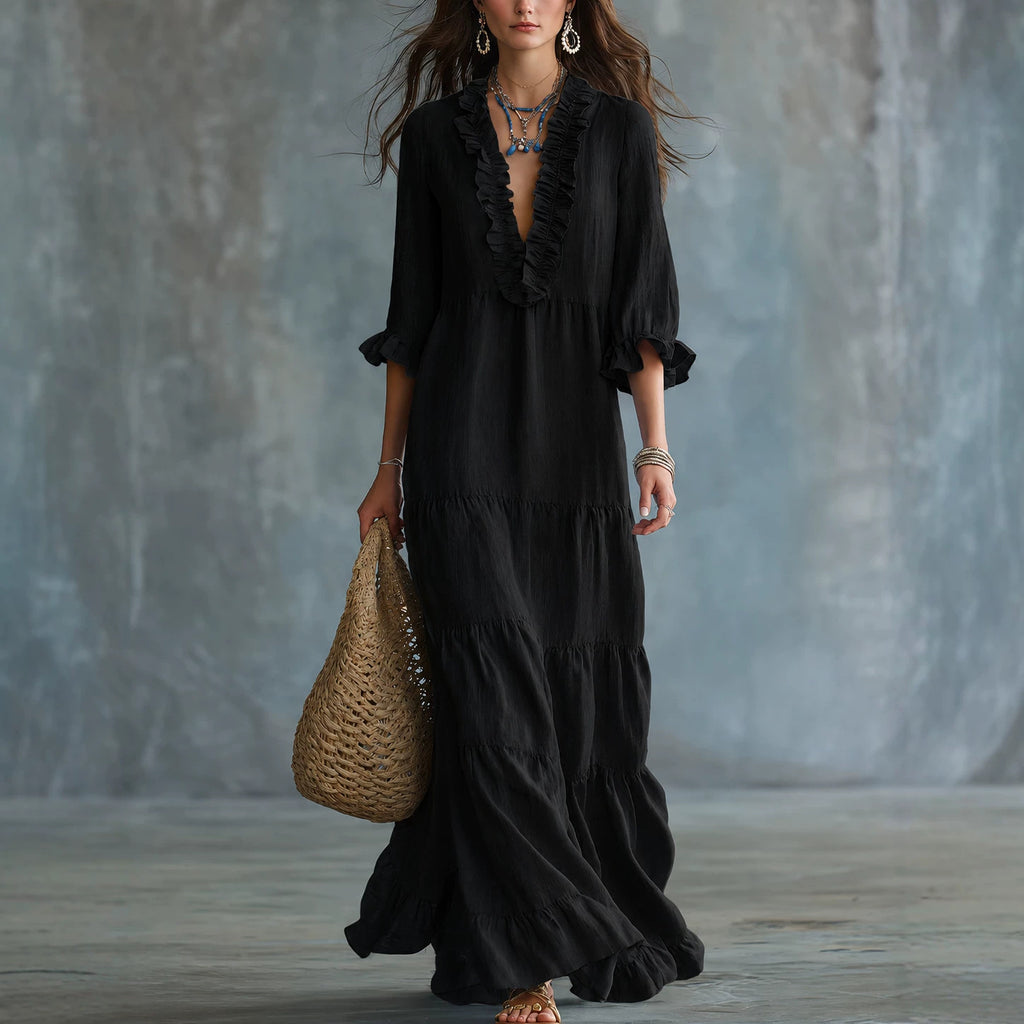 Vestido largo escote en V con bajo de volantes Nuvara en negro