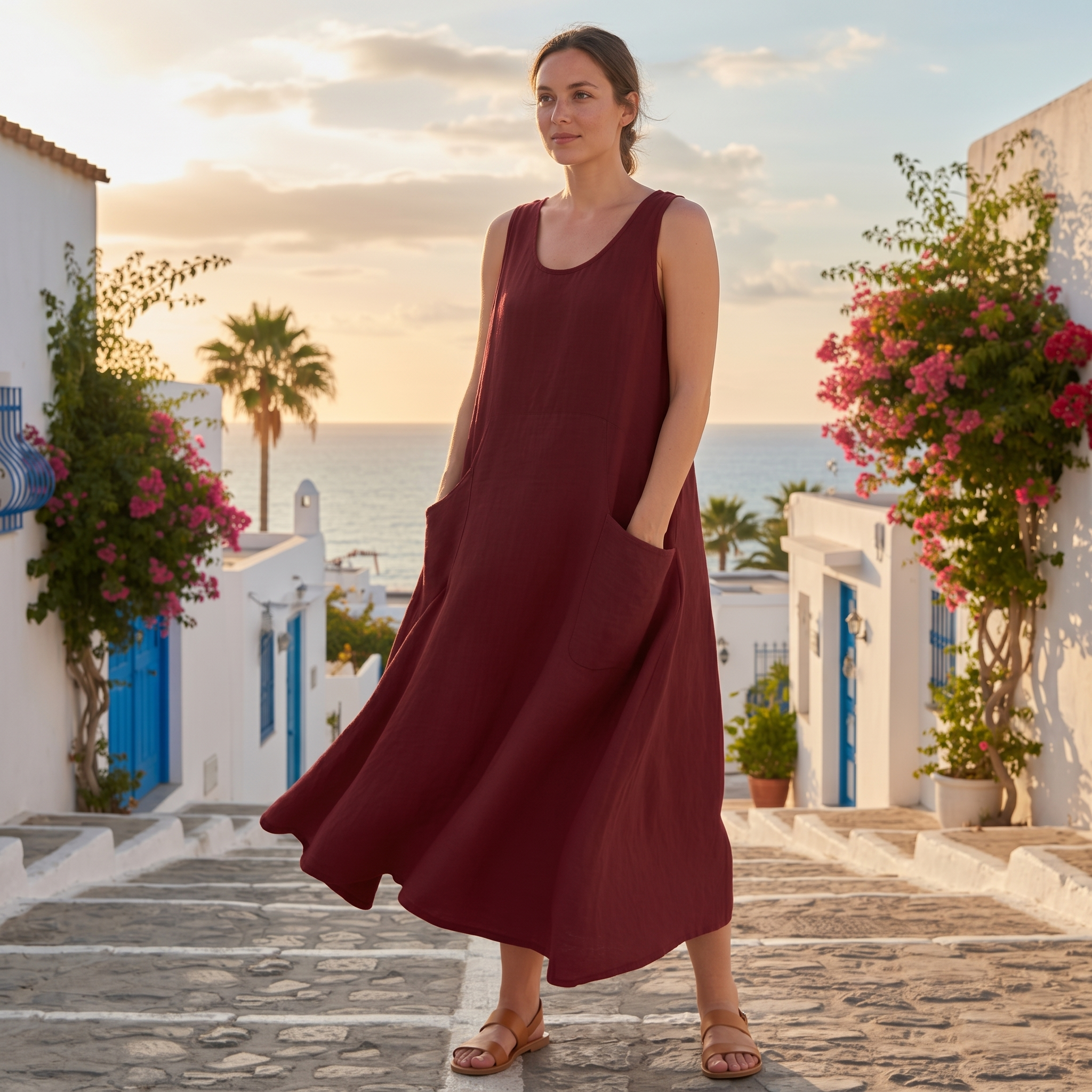 Vestido veraniego de lino y algodón para mujer