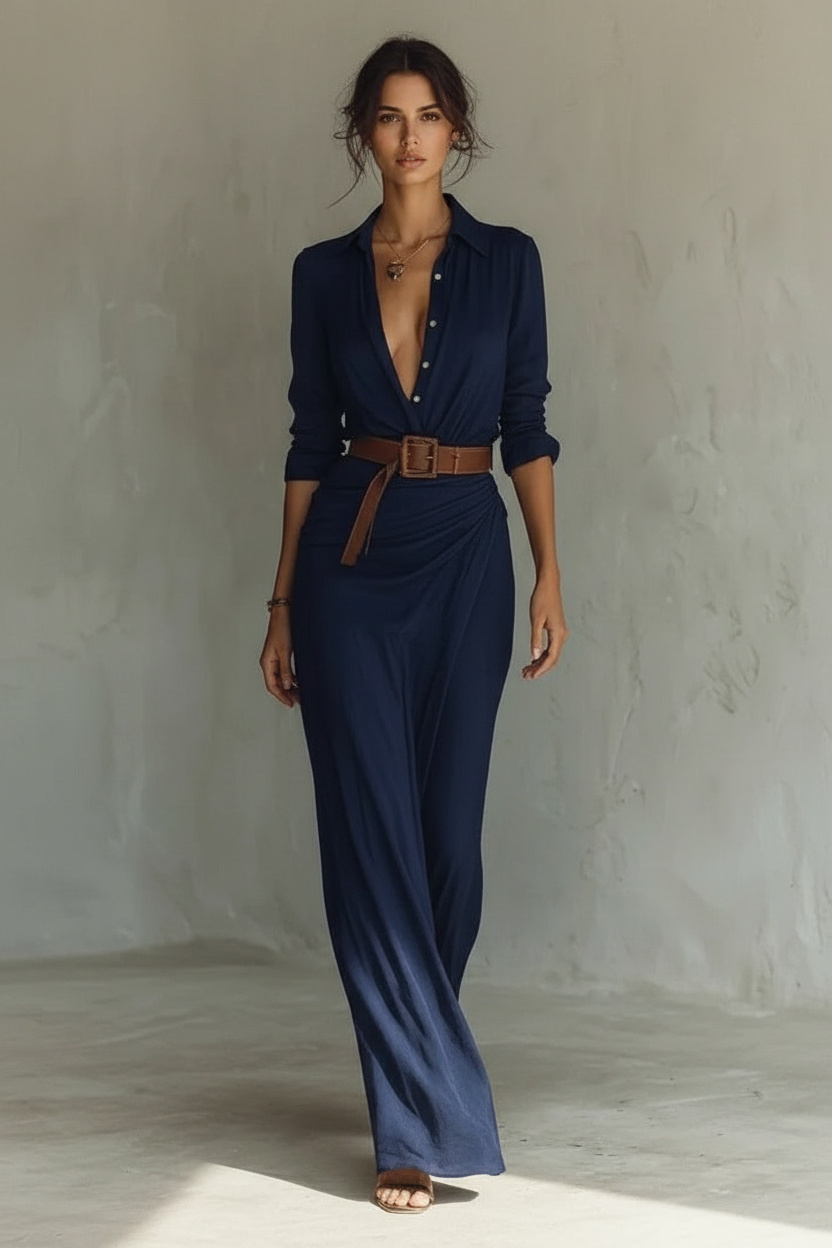 Alma · Vestido Camisero Largo — Azul Marino — editorial