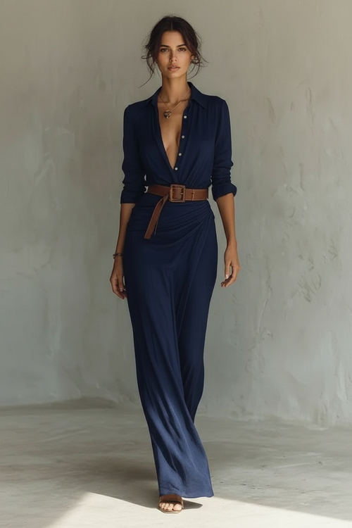 Alma · Vestido Camisero Largo — Azul Marino — editorial