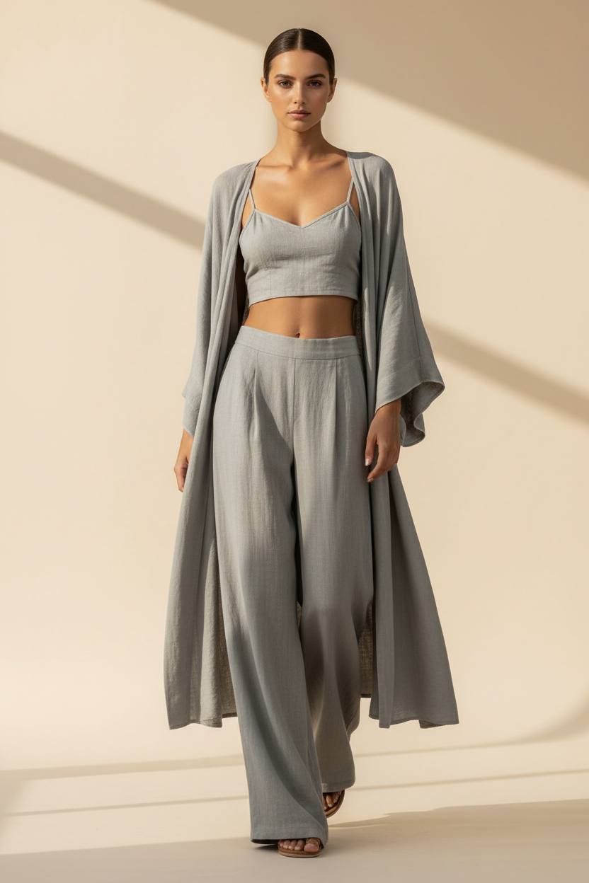 Trío · Conjunto Cárdigan, Top y Palazzo — Gris — editorial