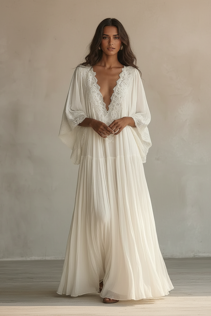 Sirena · Vestido de Encaje Manga Murciélago — Blanco — editorial