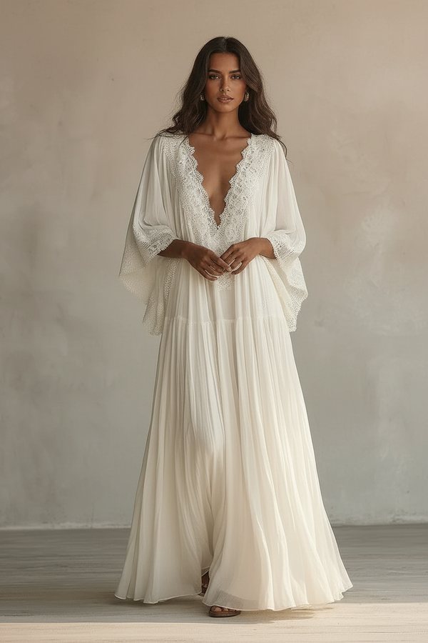 Sirena · Vestido de Encaje Manga Murciélago — Blanco — editorial