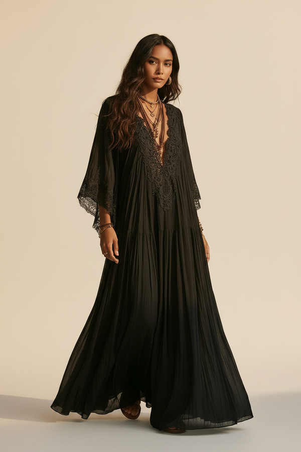 Sirena · Vestido de Encaje Manga Murciélago — Negro — editorial