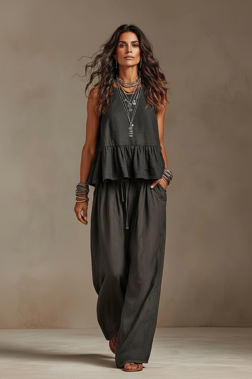 Brisa · Conjunto Top de Volante y Palazzo — Negro — editorial