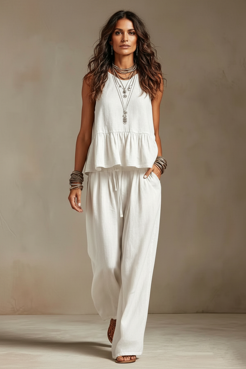 Brisa · Conjunto Top de Volante y Palazzo — Blanco — editorial