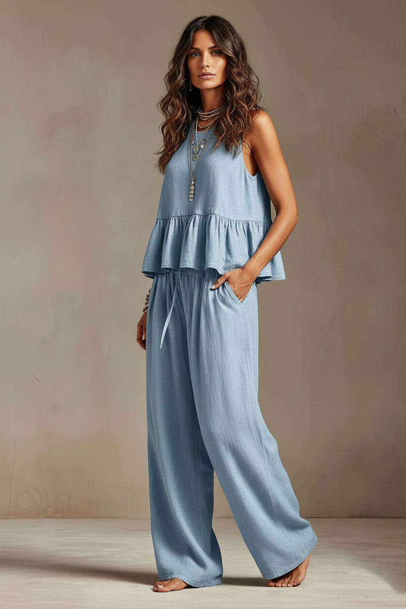 Brisa · Conjunto Top de Volante y Palazzo — Azul