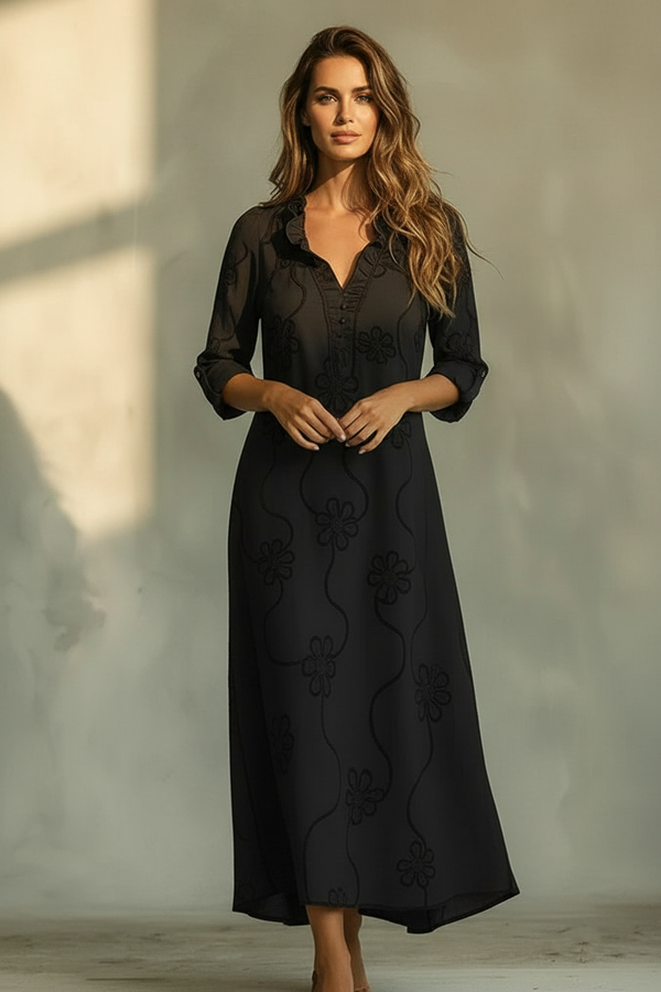 Jara · Vestido Largo Bohemio Bordado — Negro — editorial