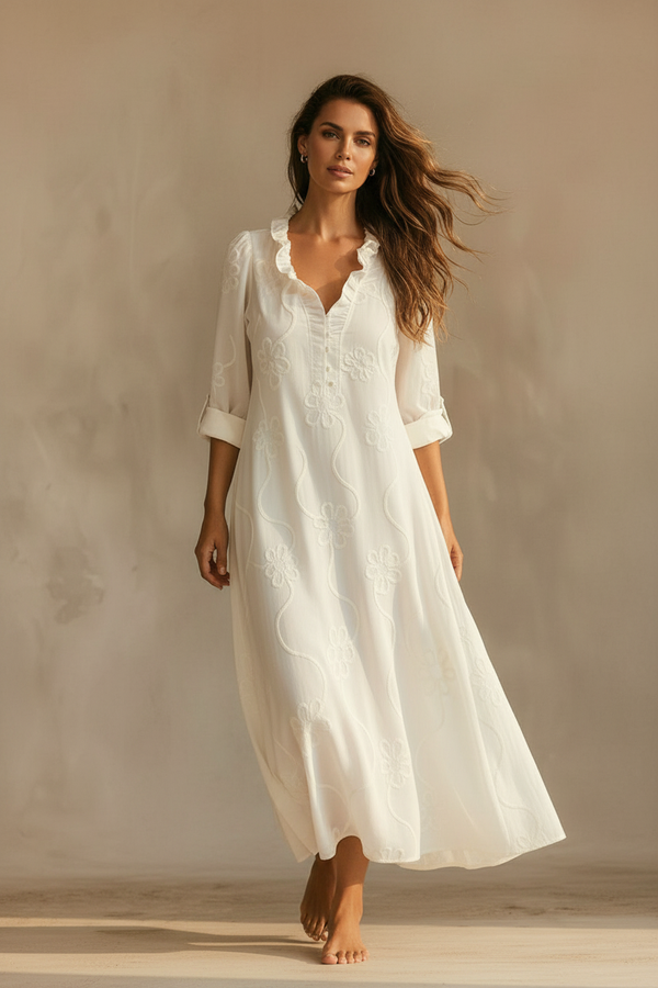 Jara · Vestido Largo Bohemio Bordado — Blanco — editorial