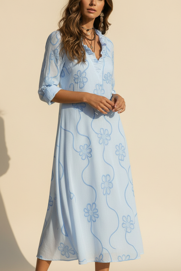 Jara · Vestido Largo Bohemio Bordado — Azul — editorial