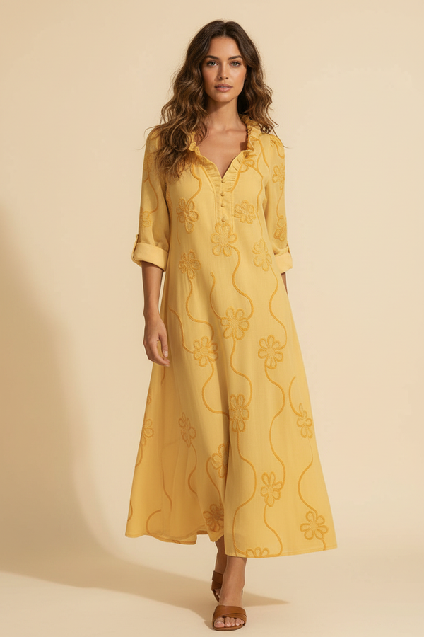 Jara · Vestido Largo Bohemio Bordado — Amarillo — editorial