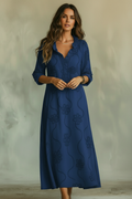 Jara · Vestido Largo Bohemio Bordado — Azul Oscuro — editorial