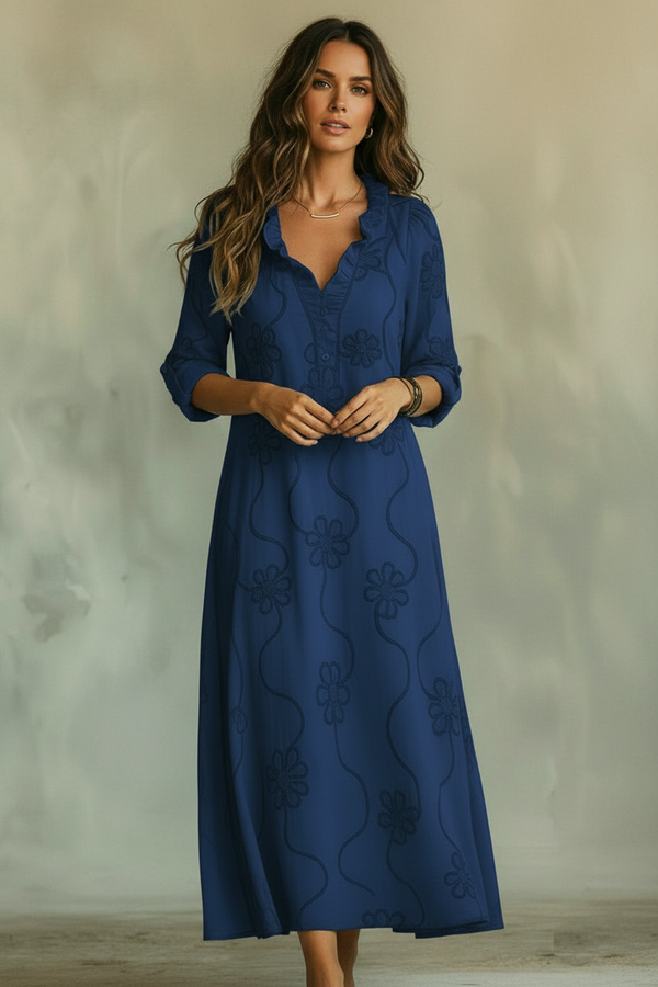 Jara · Vestido Largo Bohemio Bordado — Azul Oscuro — editorial