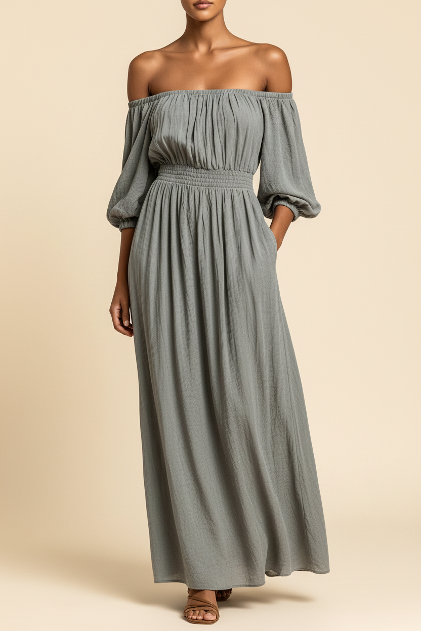Aura · Vestido Bardot de Hombros al Aire — Gris — editorial