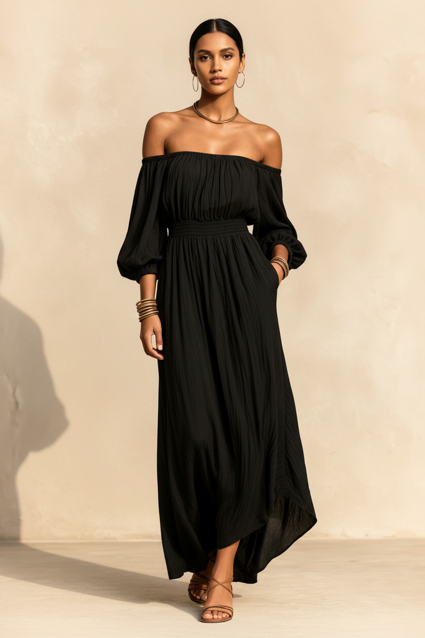Aura · Vestido Bardot de Hombros al Aire — Negro — editorial