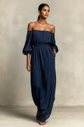 Aura · Vestido Bardot de Hombros al Aire — Azul — editorial
