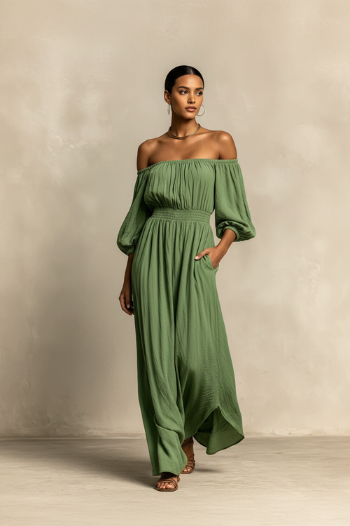 Aura · Vestido Bardot de Hombros al Aire — Verde — editorial