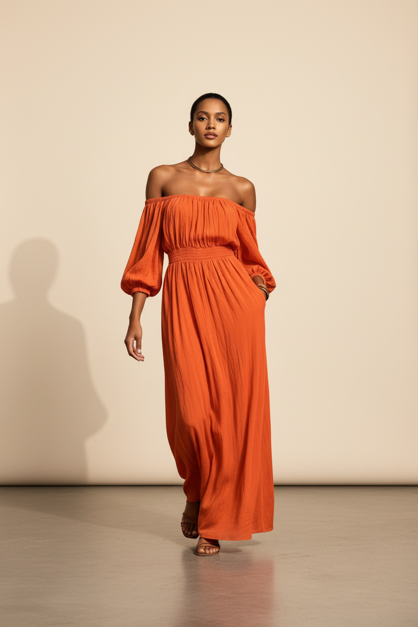 Aura · Vestido Bardot de Hombros al Aire — Naranja — editorial