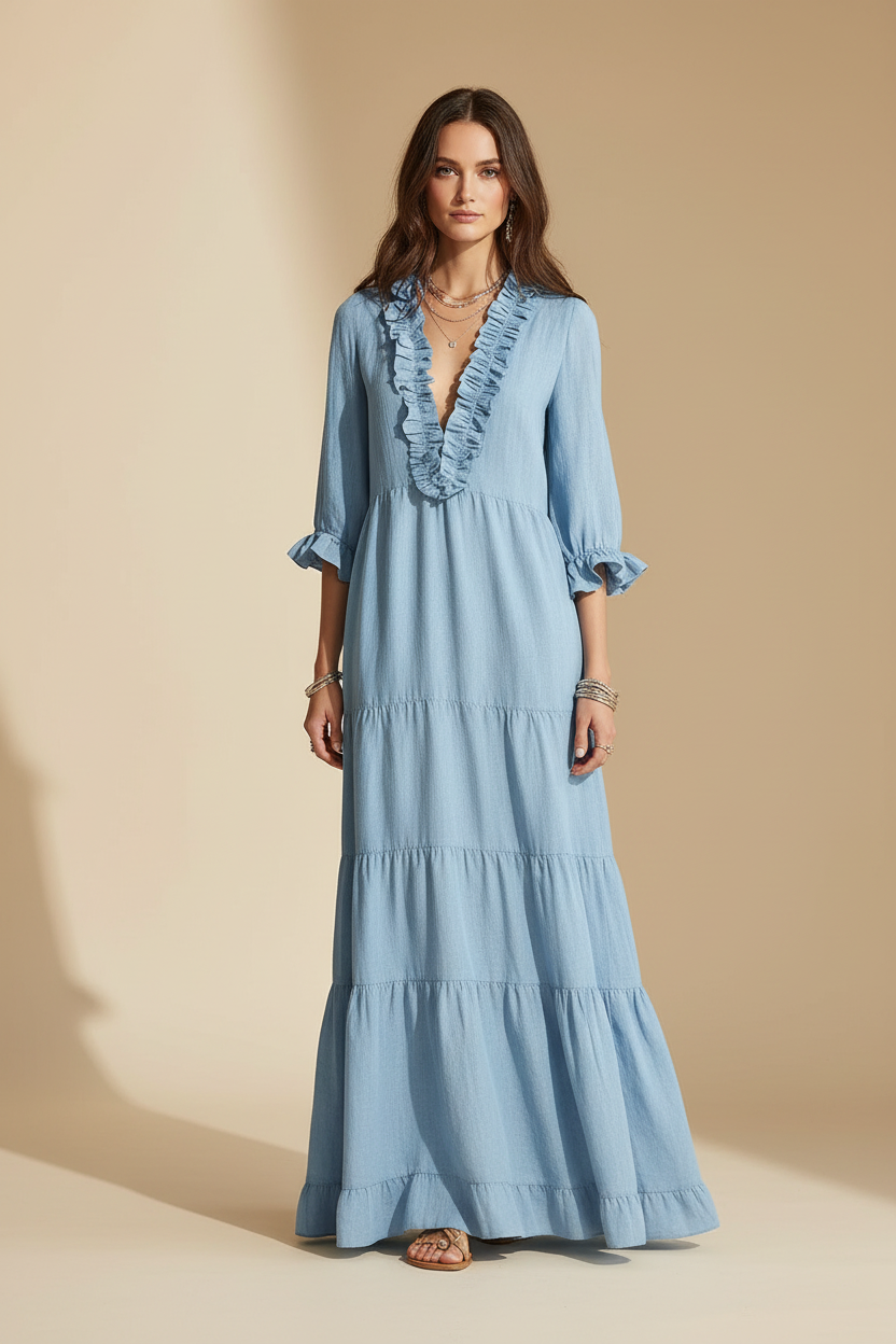 Ondina · Vestido Largo con Volantes — Azul — editorial