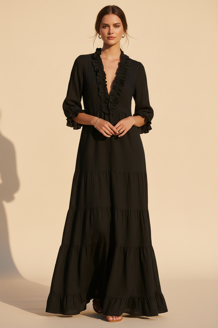 Ondina · Vestido Largo con Volantes — Negro — editorial