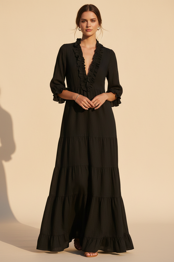 Ondina · Vestido Largo con Volantes — Negro — editorial