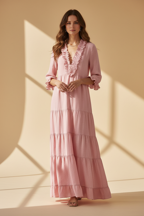 Ondina · Vestido Largo con Volantes — Rosa — editorial