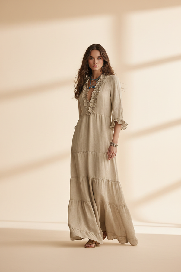 Ondina · Vestido Largo con Volantes — Caqui — editorial