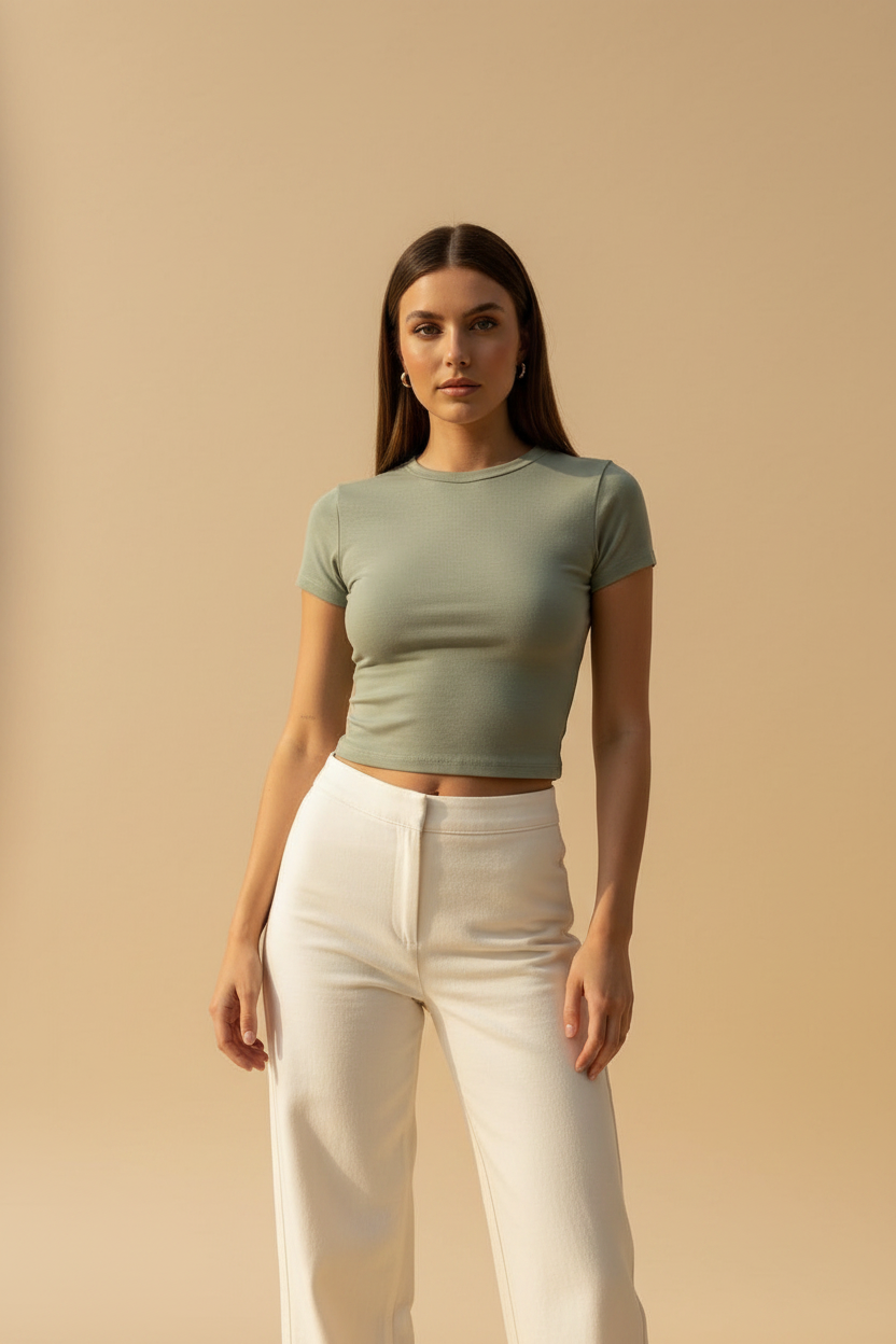 Esencia · Camiseta Básica — Verde — editorial