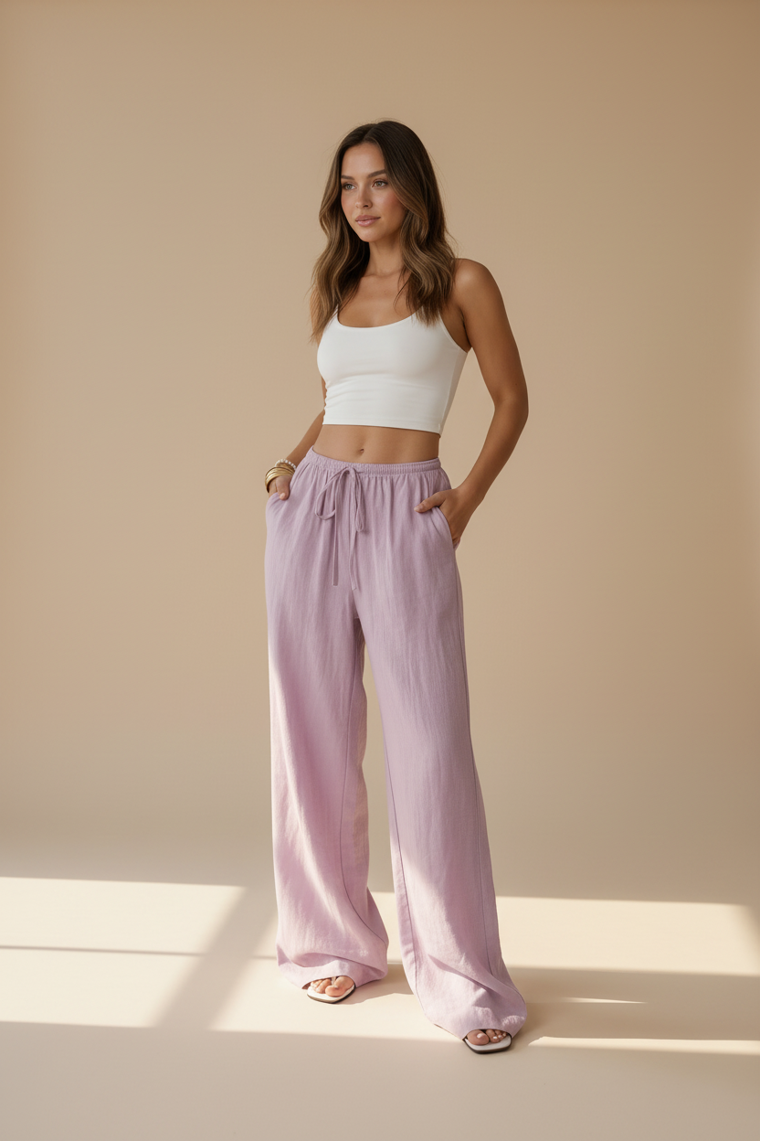 Nilo · Pantalón Palazzo de Tiro Alto — Rosa — editorial