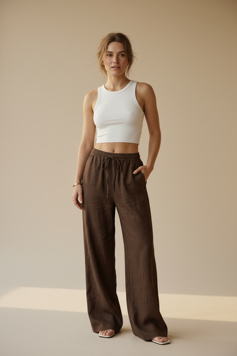 Nilo · Pantalón Palazzo de Tiro Alto — Marrón — editorial