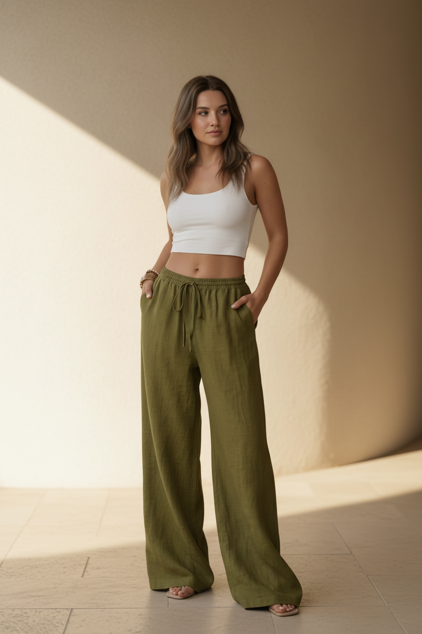 Nilo · Pantalón Palazzo de Tiro Alto — Verde — editorial