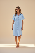 Menorca · Vestido Camisero Efecto Lino — Azul — editorial